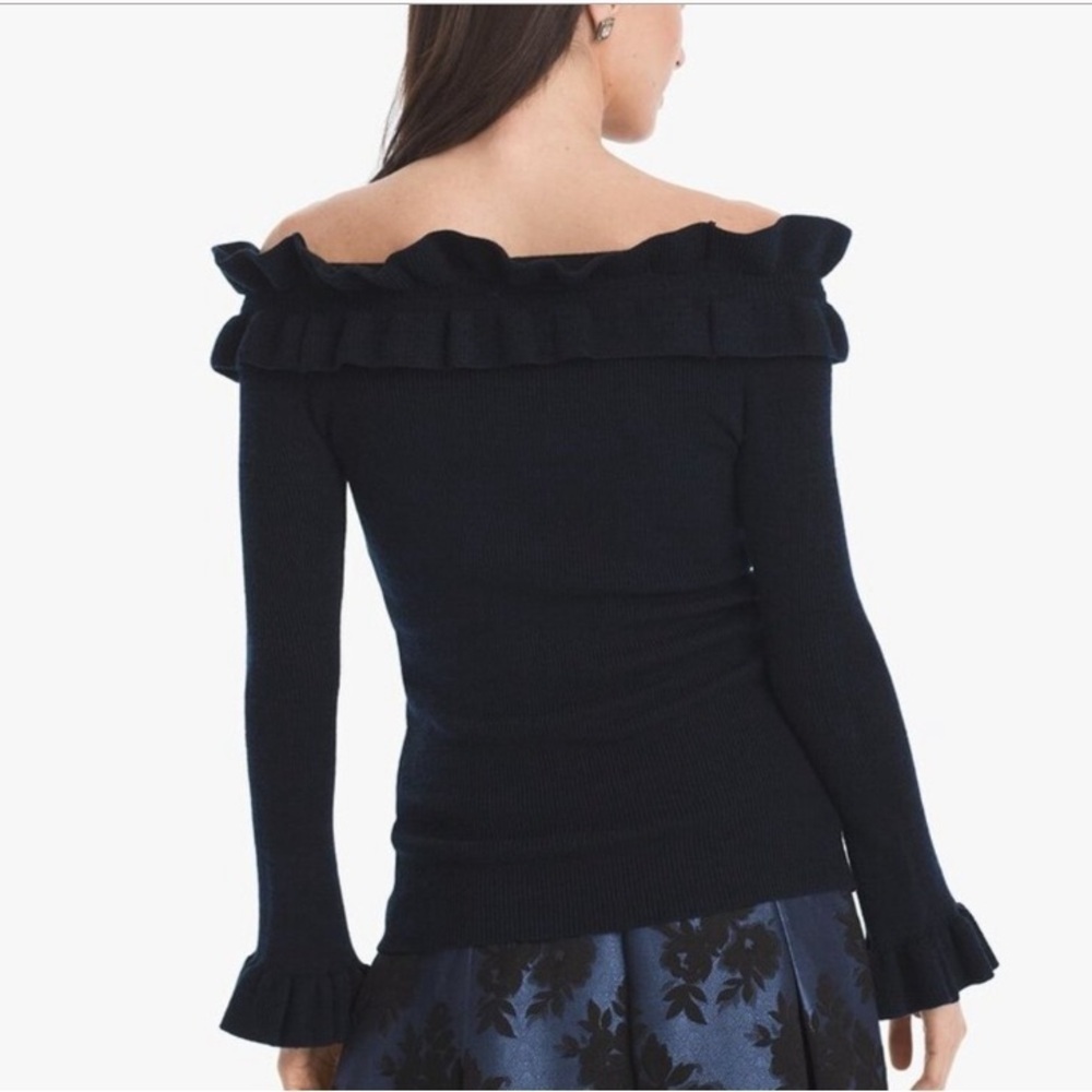 NWT White House Black Market Off the Shoulder Ruffle Navy blue Black sweater - Picture 9 of 12
